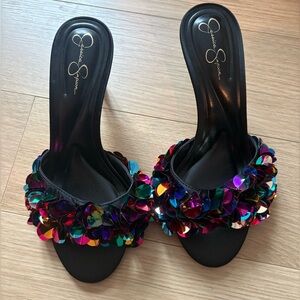 Black Heeled Sandals with Iridescent Multicolor Sequins